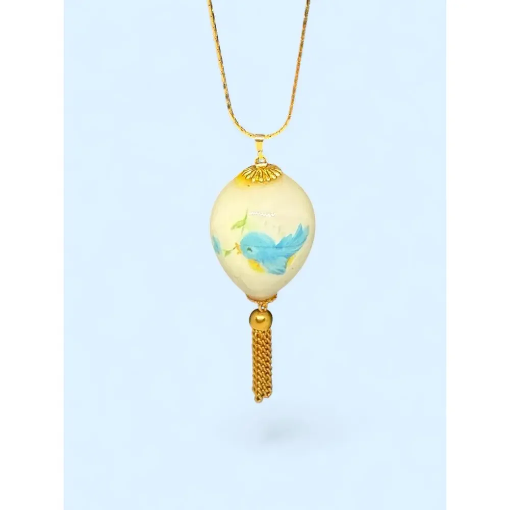 Vintage Victorian Revival Bluebird Faux Porcelain Egg Pendant 28” 80s